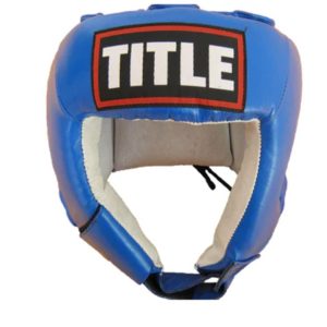 The Title Open Face Headgear – Competition offers durable Powerhide construction, multi-layer safety foam, adjustable top laces, and a secure Velcro chin strap.