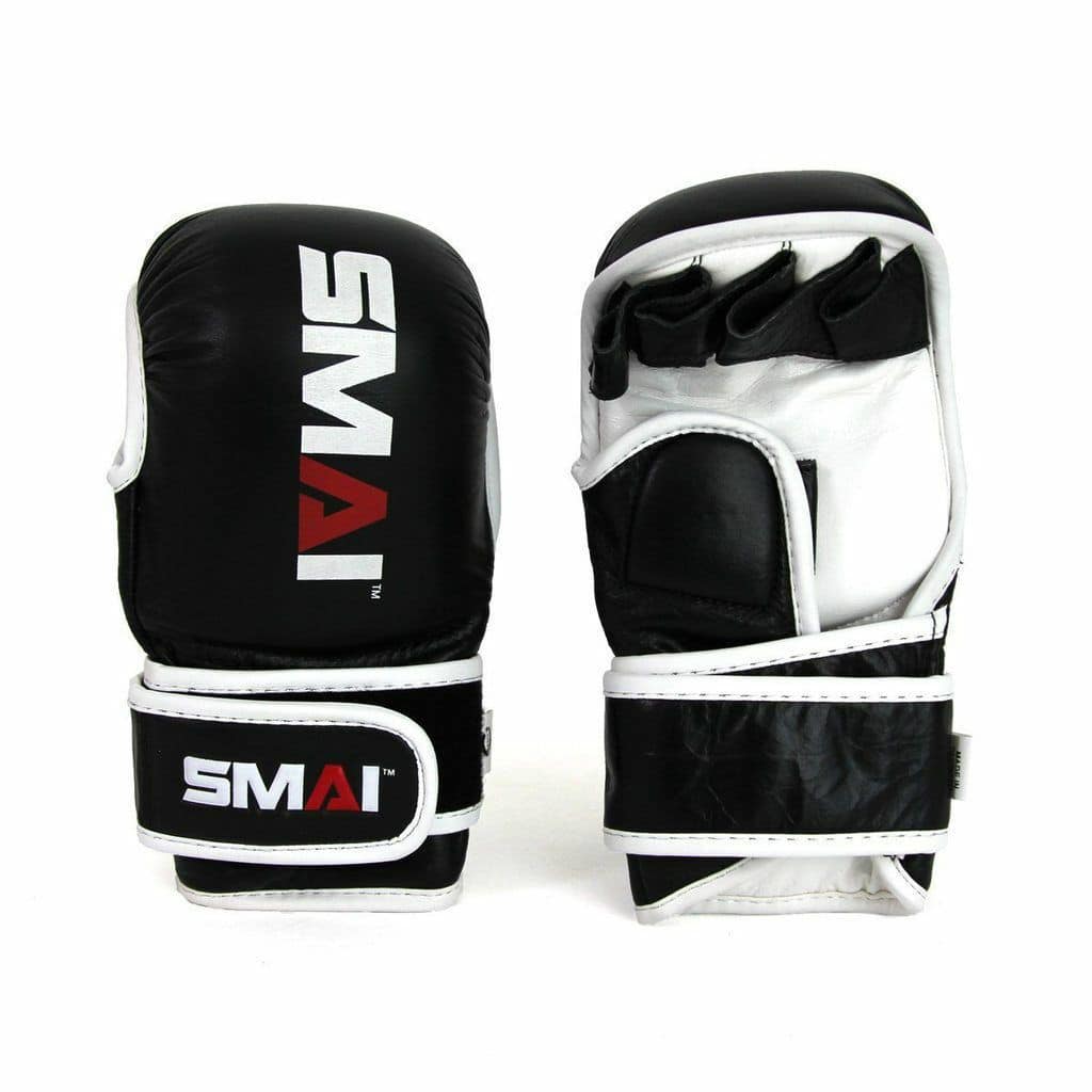 Smai Shute Gloves offer durable artificial leather, injection molded foam, double-wrap wrist support, and open-palm design for safe MMA training and grappling.